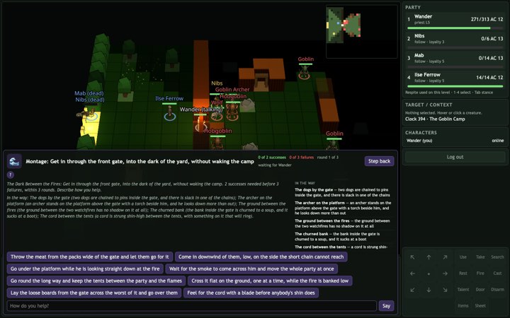 A montage test in the goblin camp at night, with the party in a torchlit yard and a list of obstacles and suggested actions